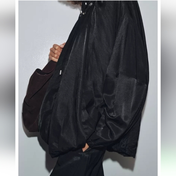 Zara Zw Collection Oversized Fluid High Neck Black Bomber Jacket Sz-S - Picture 6 of 9